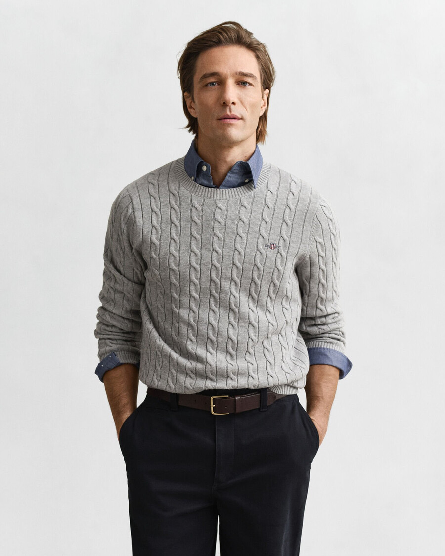 cotton cable knit crew neck sweater - grey melange