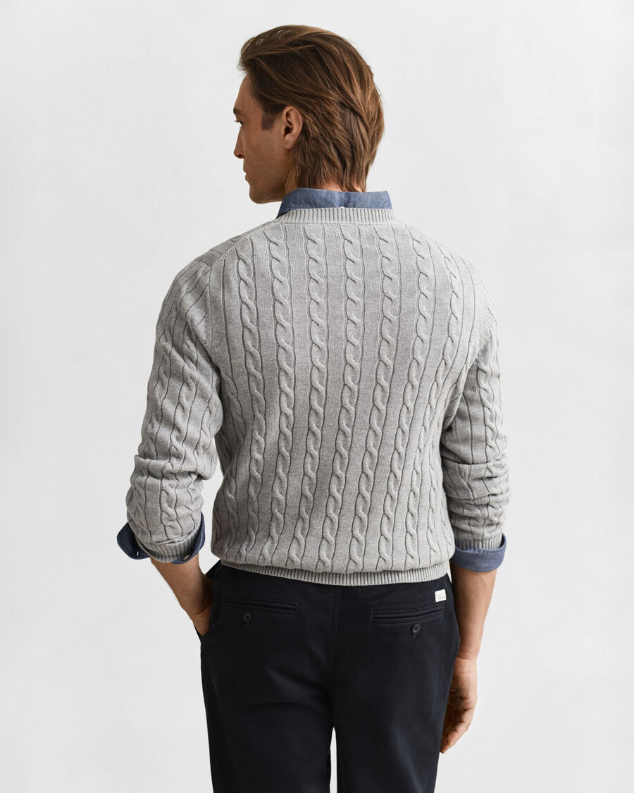 cotton cable knit crew neck sweater - grey melange