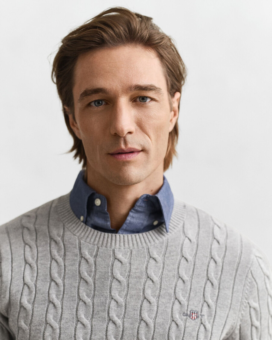 cotton cable knit crew neck sweater - grey melange