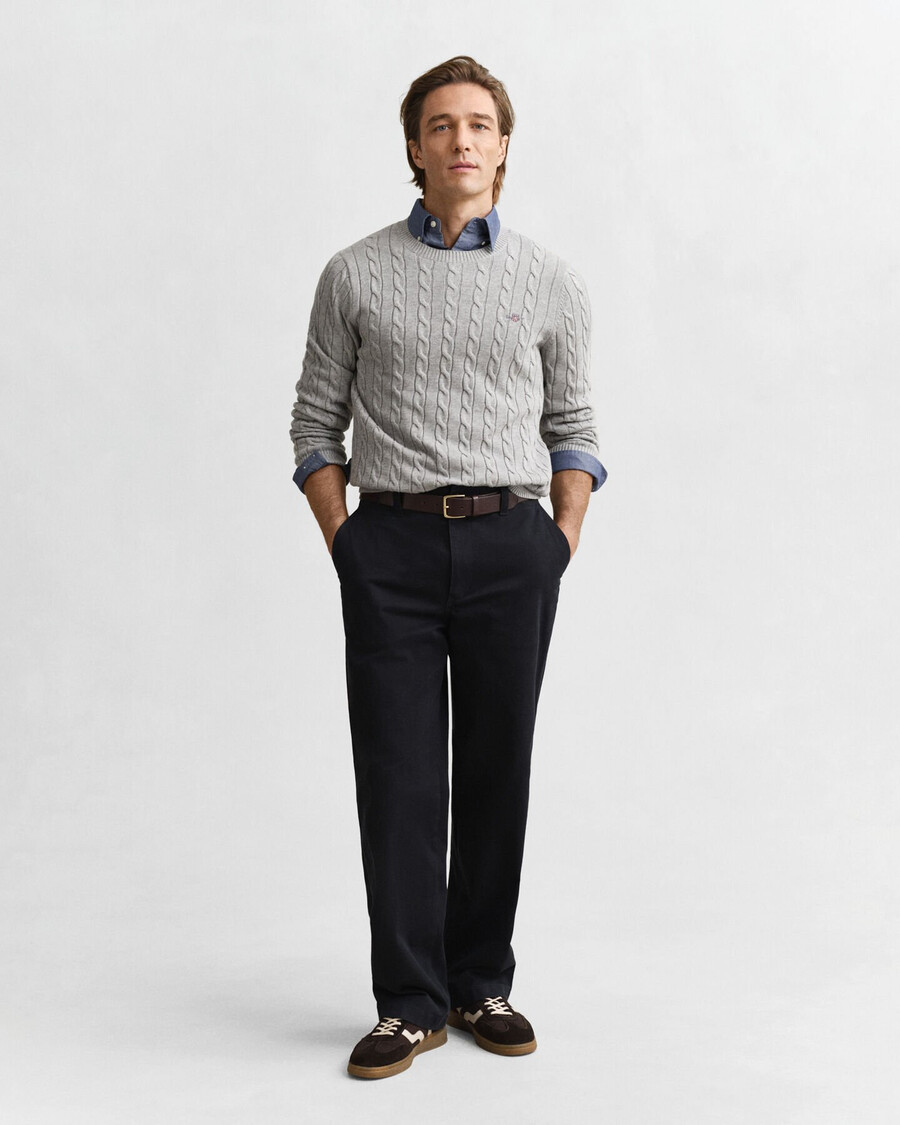 cotton cable knit crew neck sweater - grey melange