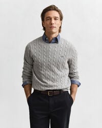 cotton cable knit crew neck sweater - grey melange