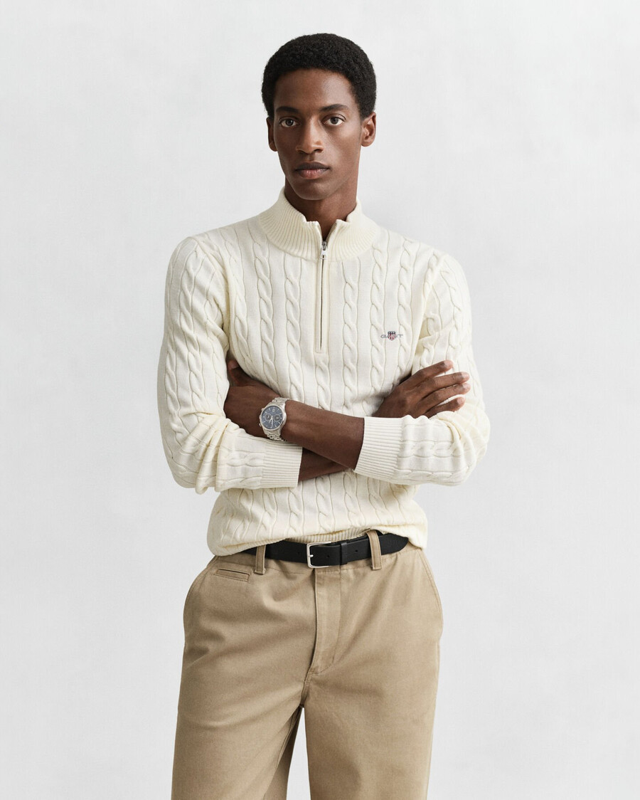 cotton cable knit halfzip sweater - cream