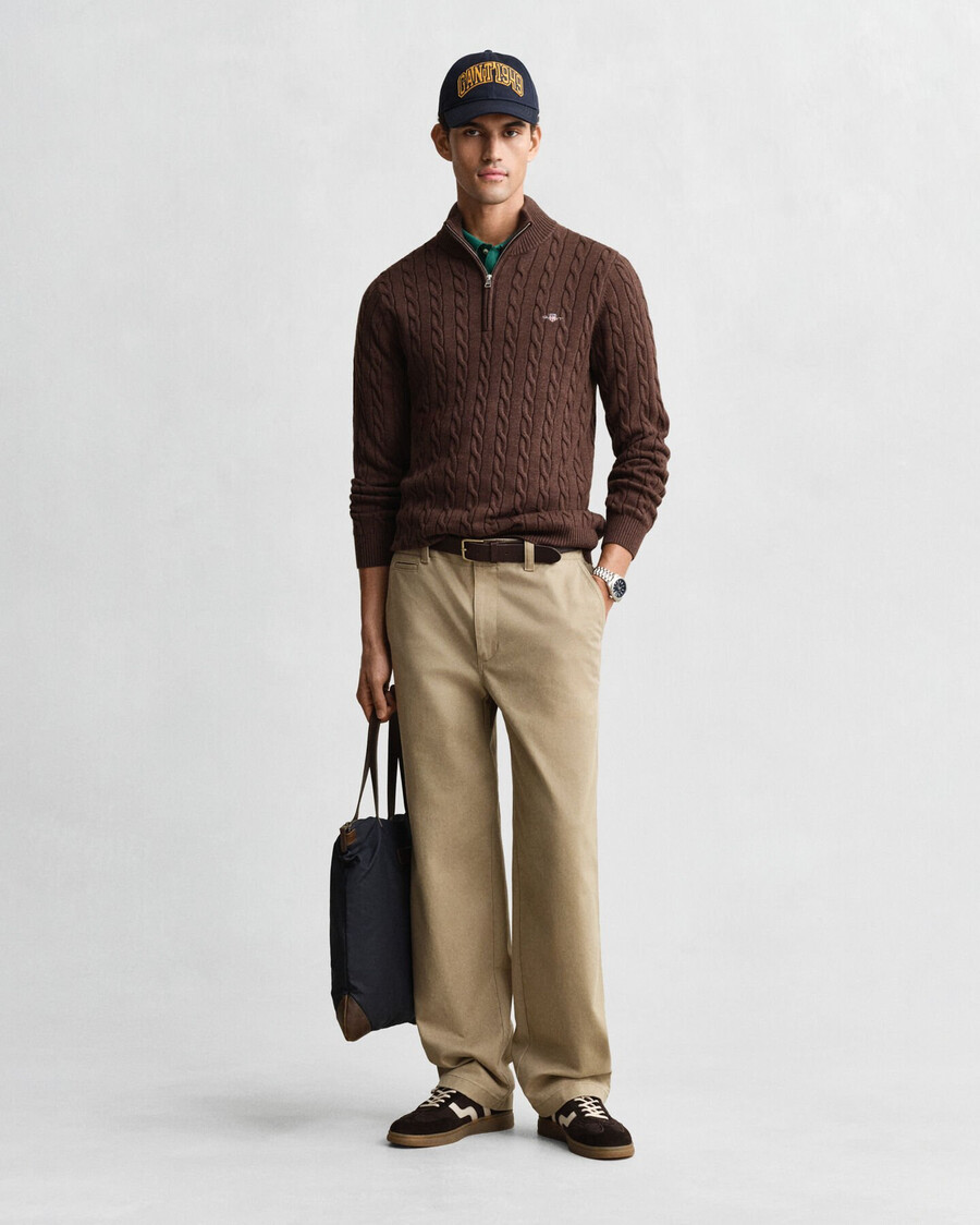 cotton cable knit halfzip sweater - brown melange