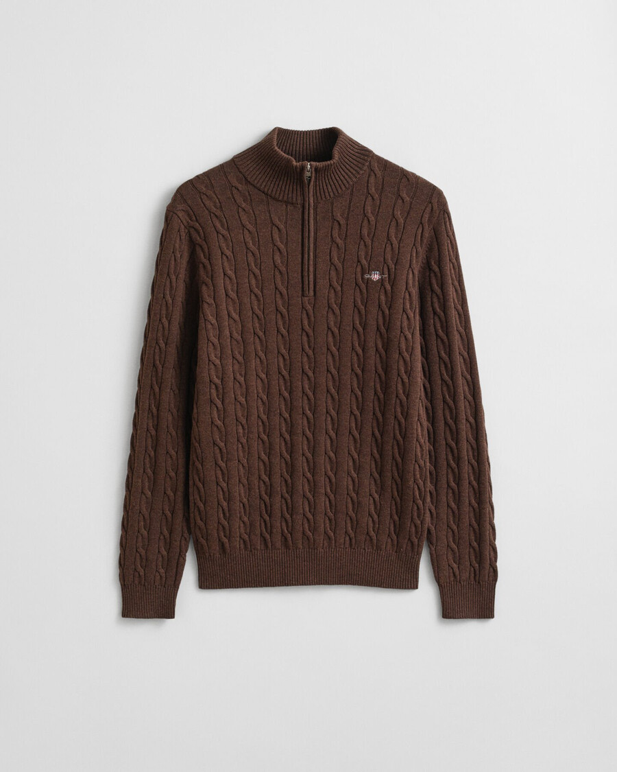 cotton cable knit halfzip sweater - brown melange