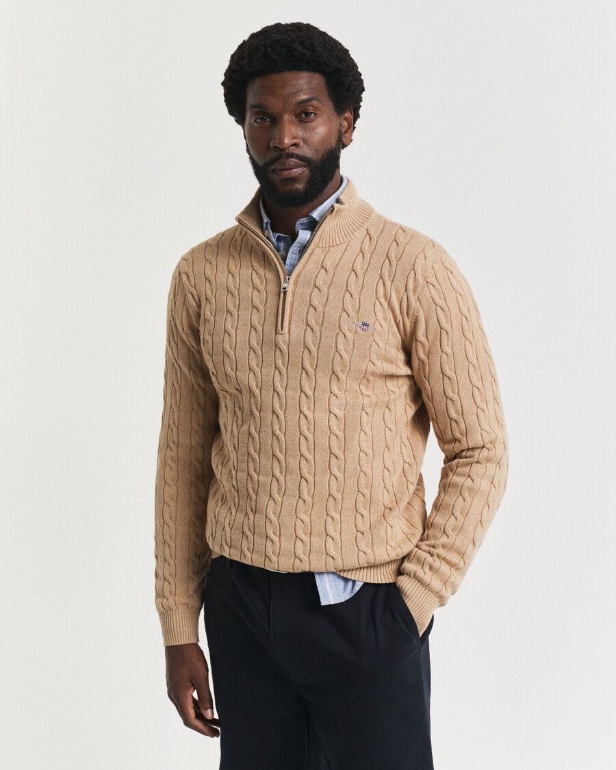 cotton cable knit halfzip sweater - khaki melange