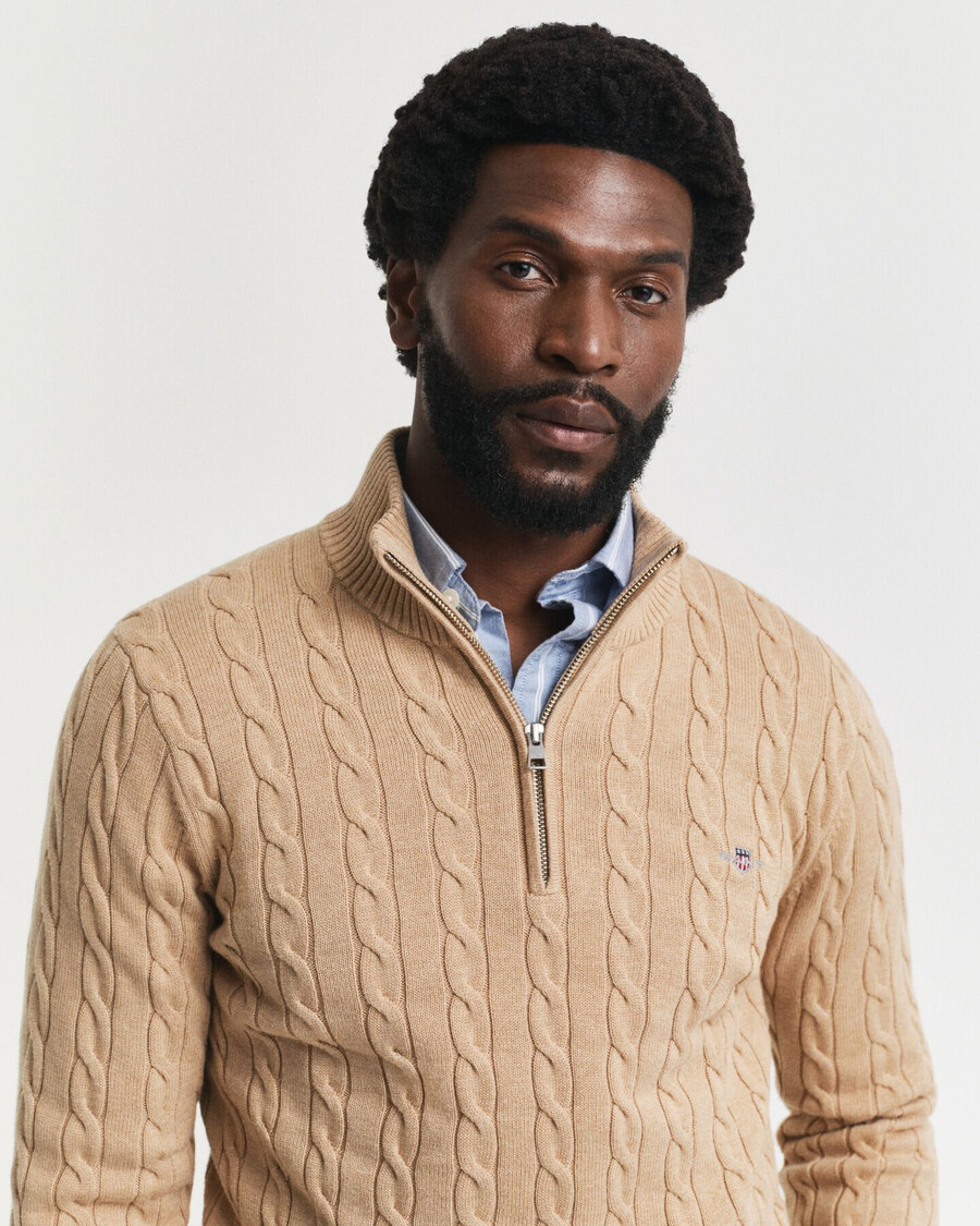 cotton cable knit halfzip sweater - khaki melange