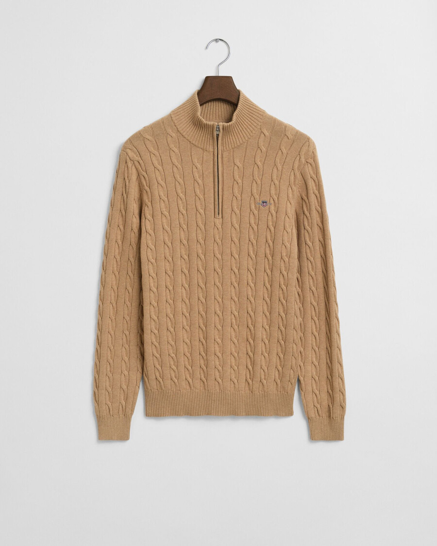 cotton cable knit halfzip sweater - khaki melange