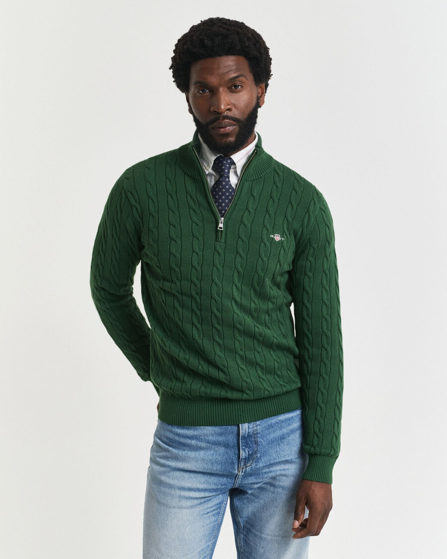 cotton cable knit halfzip sweater - forest green
