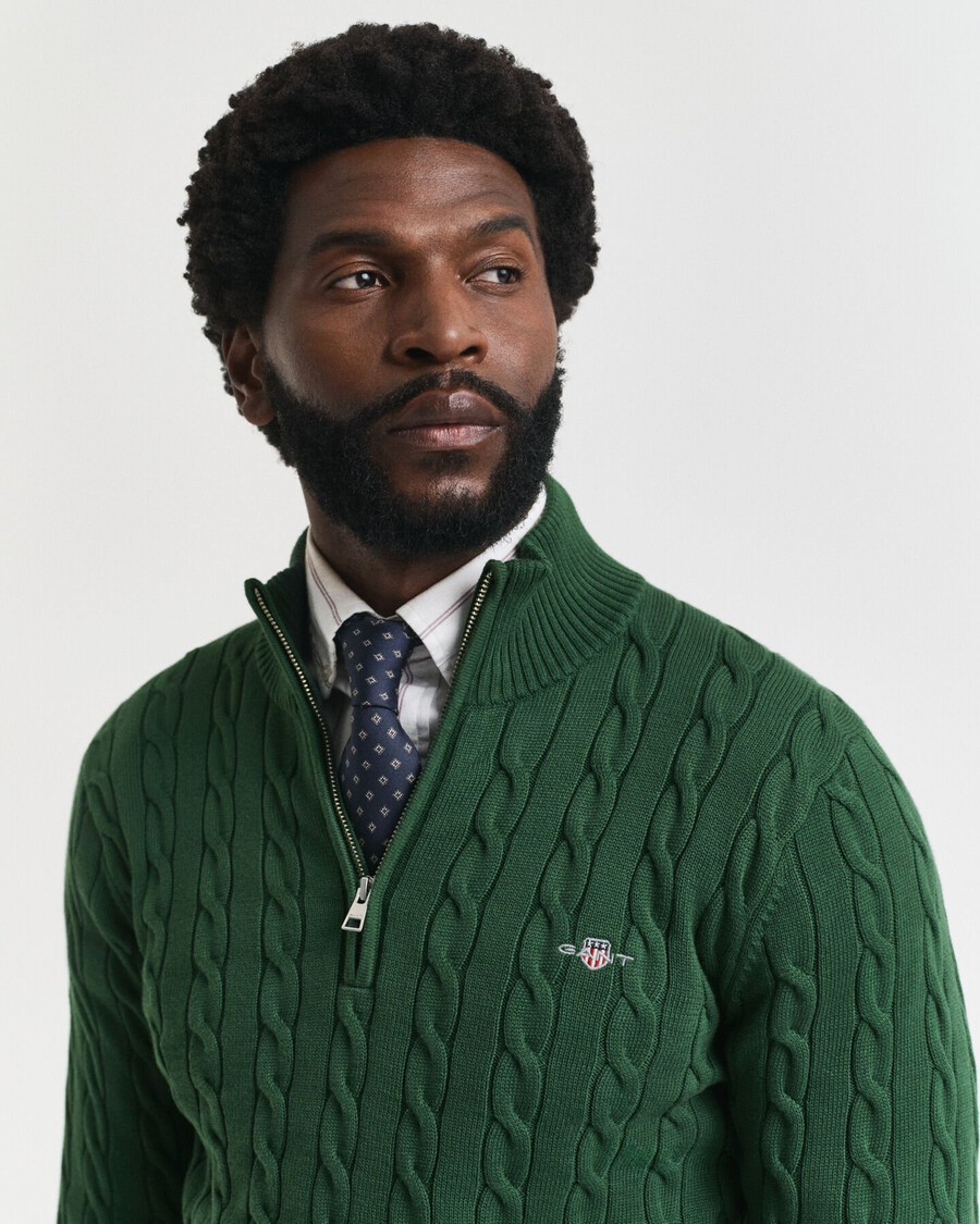 cotton cable knit halfzip sweater - forest green