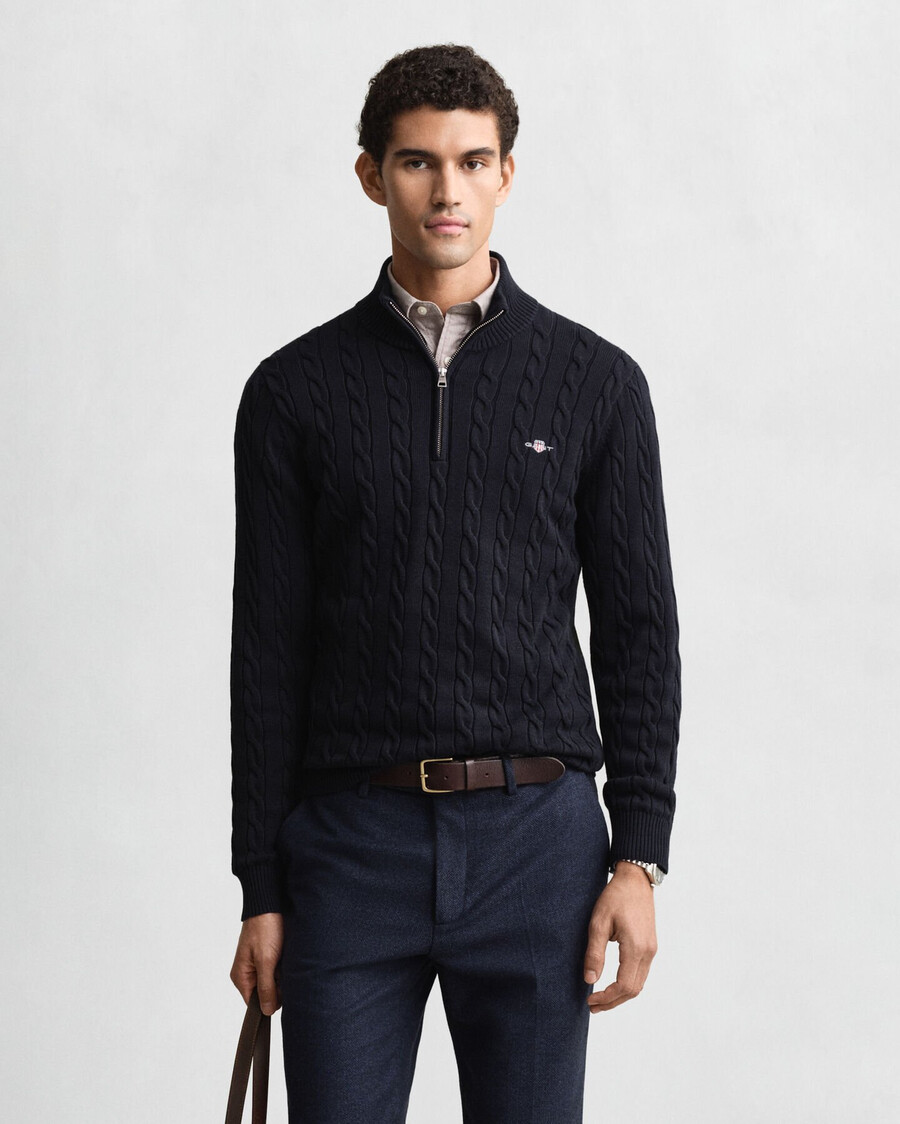 cotton cable knit halfzip sweater - evening blue