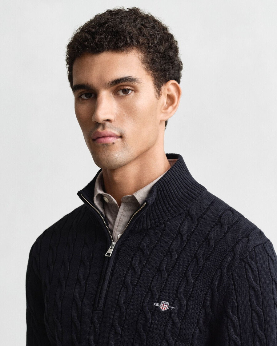 cotton cable knit halfzip sweater - evening blue