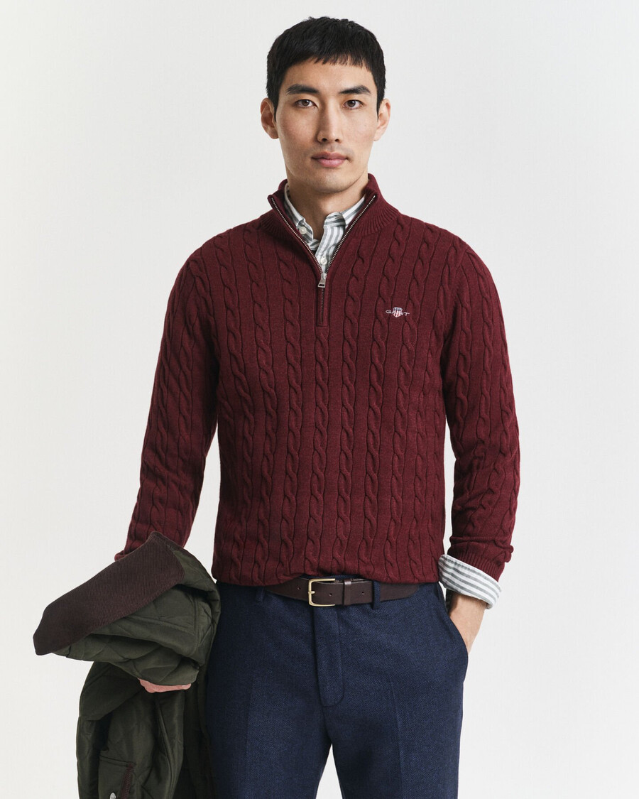 cotton cable knit halfzip sweater - bordeaux melange