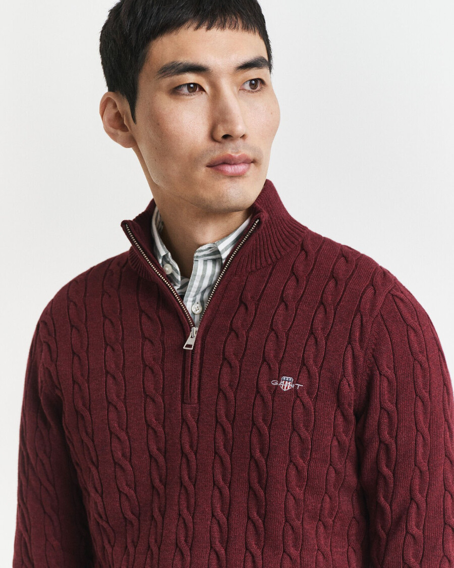 cotton cable knit halfzip sweater - bordeaux melange
