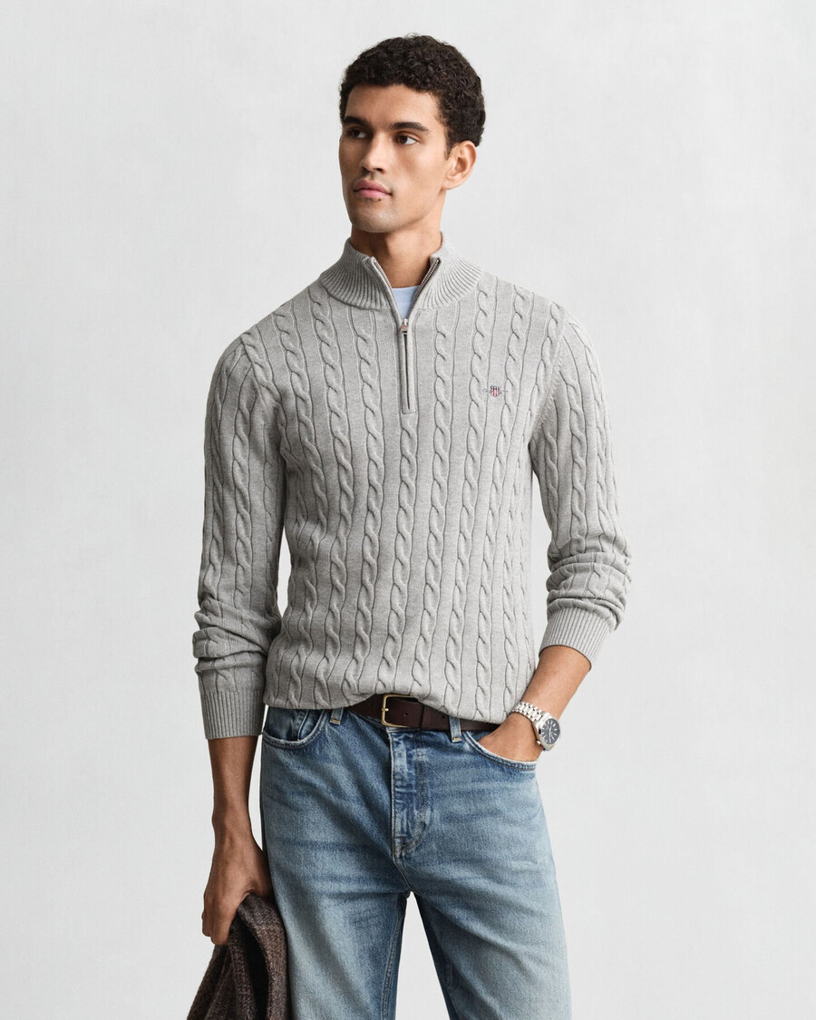 cotton cable knit halfzip sweater - grey melange