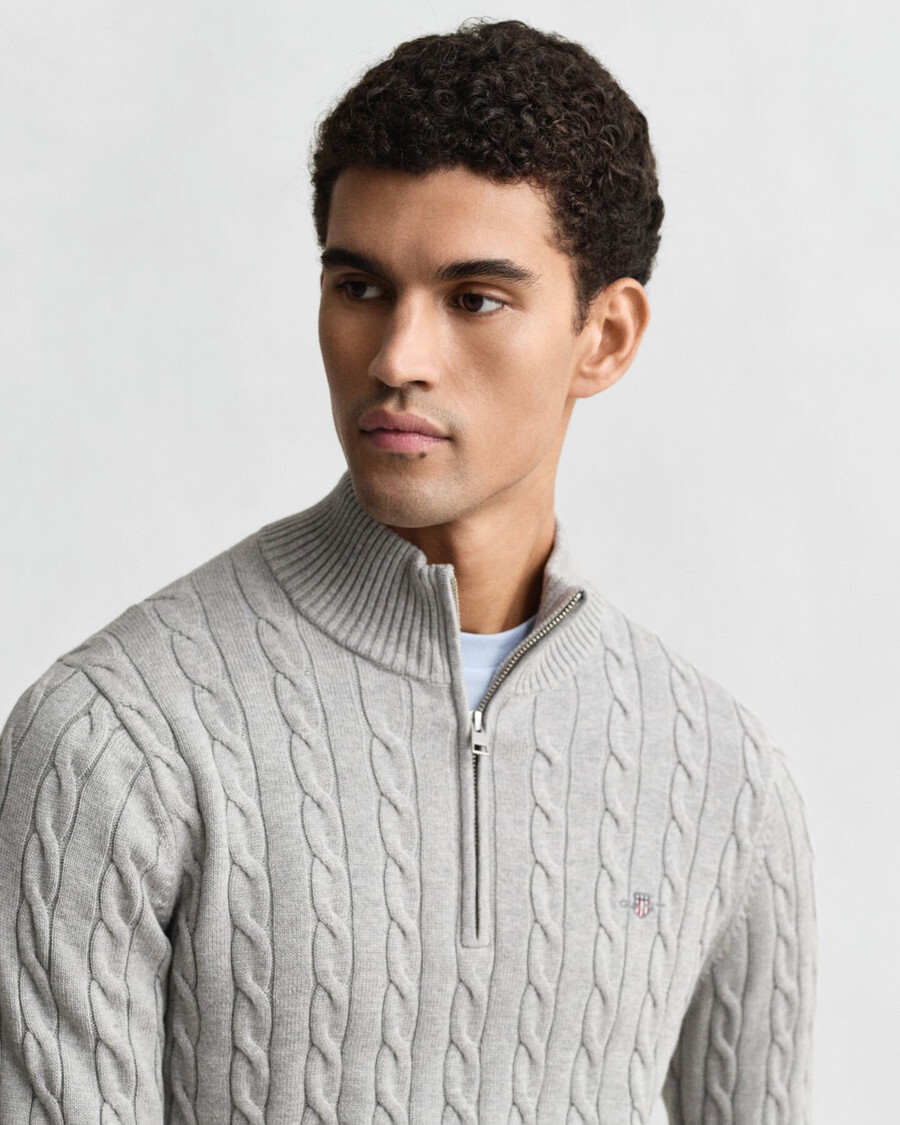 cotton cable knit halfzip sweater - grey melange