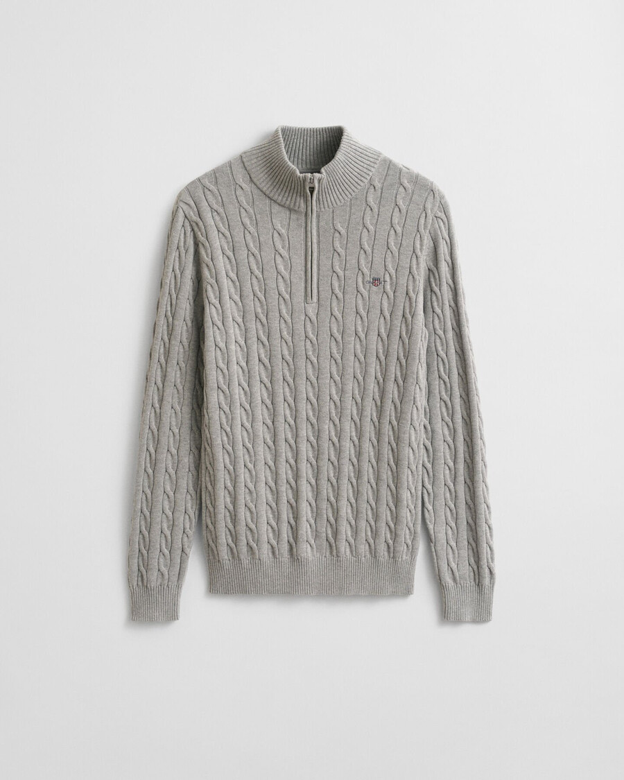 cotton cable knit halfzip sweater - grey melange