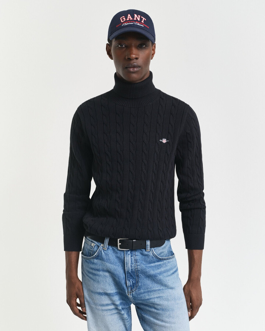 cotton cable knit turtleneck sweater - black