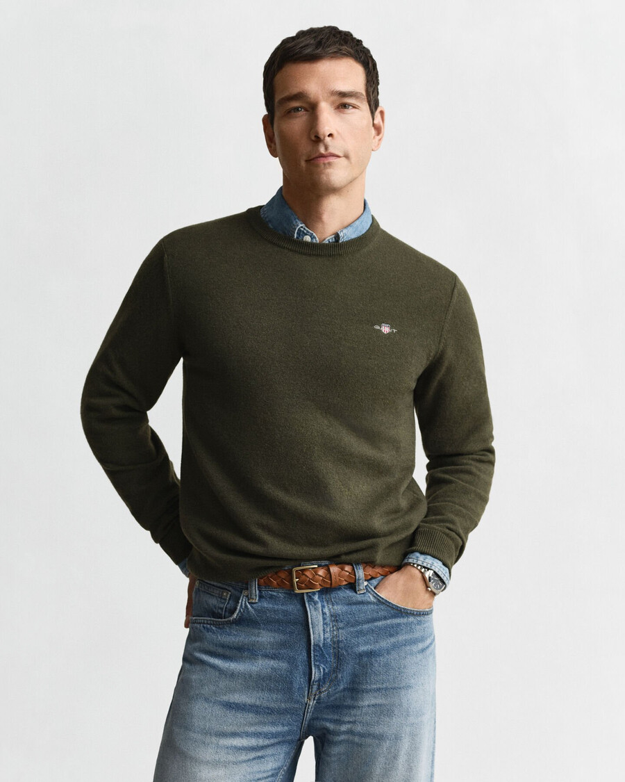 superfine lambswool crew neck sweater - khaki green melange