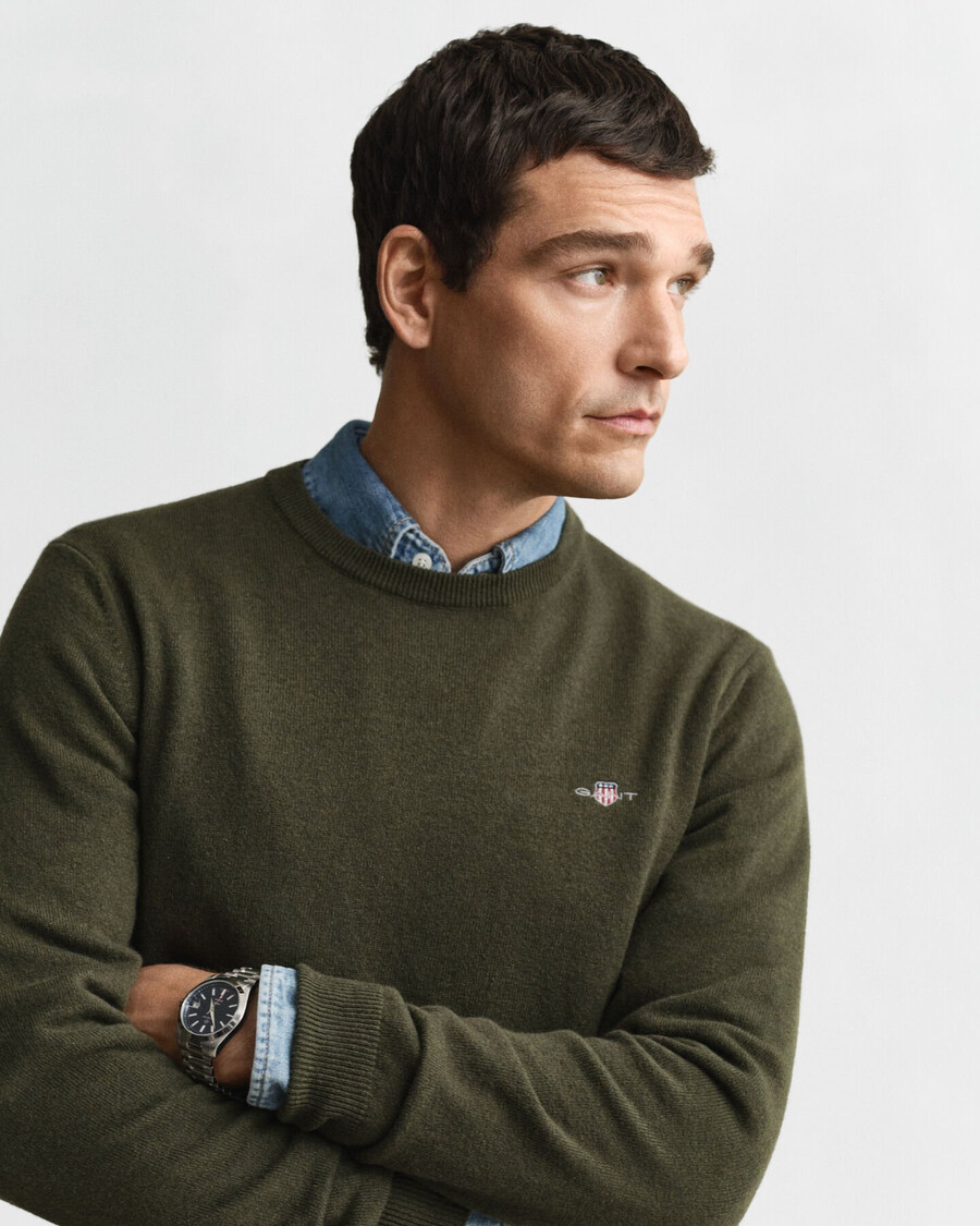 superfine lambswool crew neck sweater - khaki green melange
