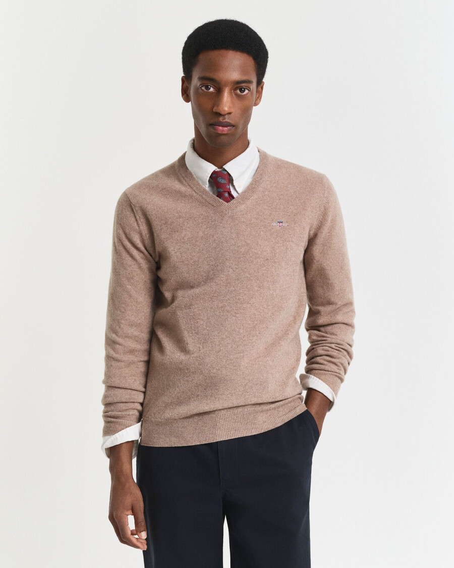 superfine lambswool vneck sweater - dk sand melange