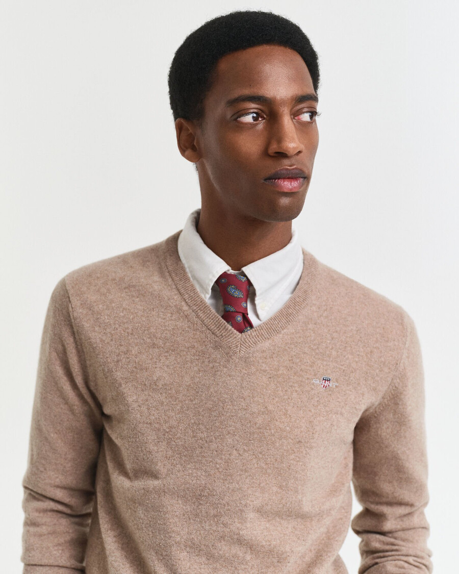 superfine lambswool vneck sweater - dk sand melange