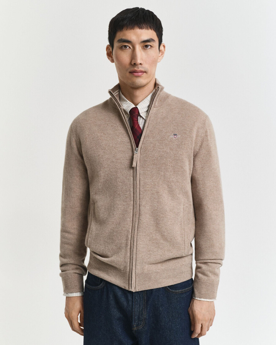 superfine lambswool zip cardigan - dk sand melange