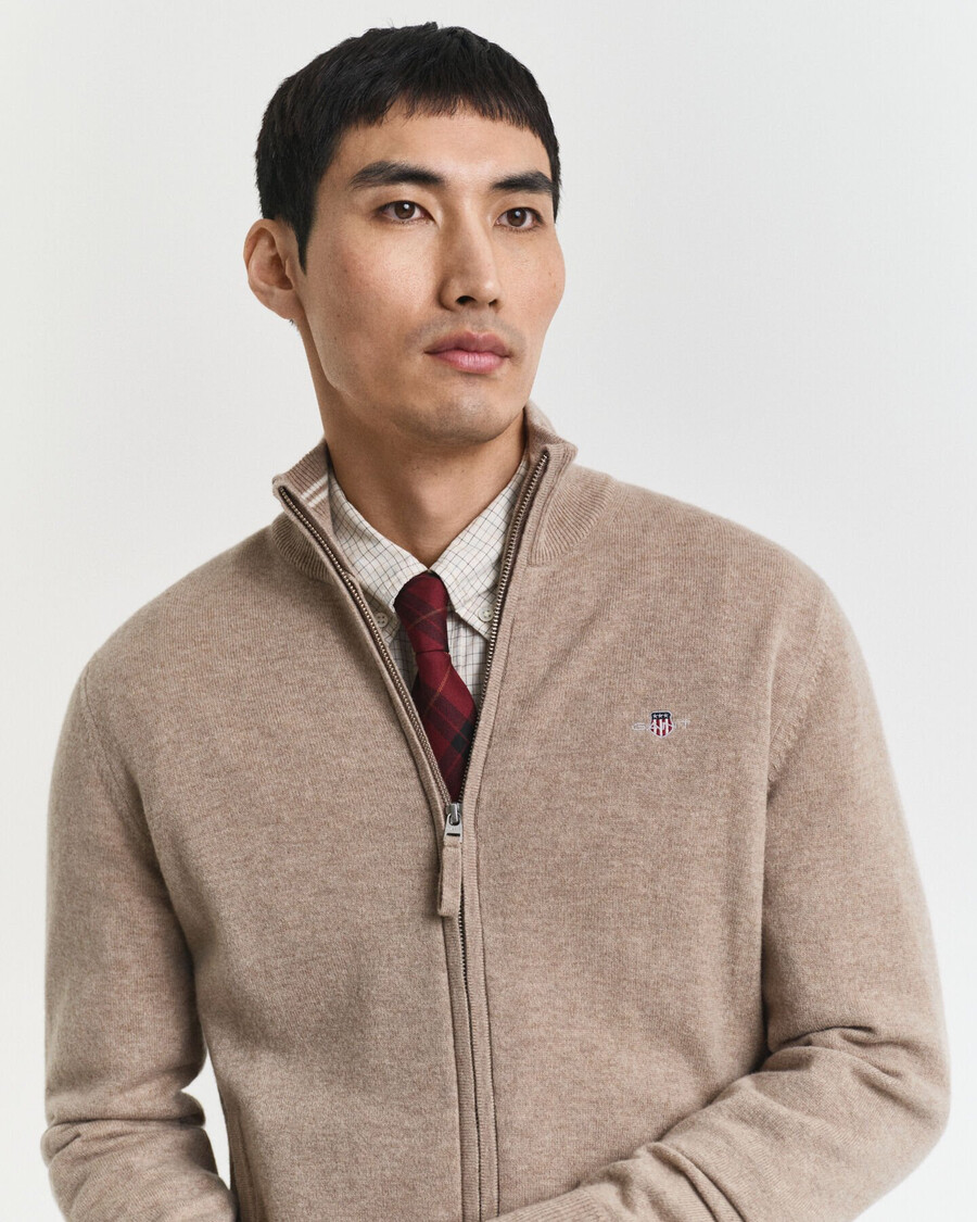 superfine lambswool zip cardigan - dk sand melange