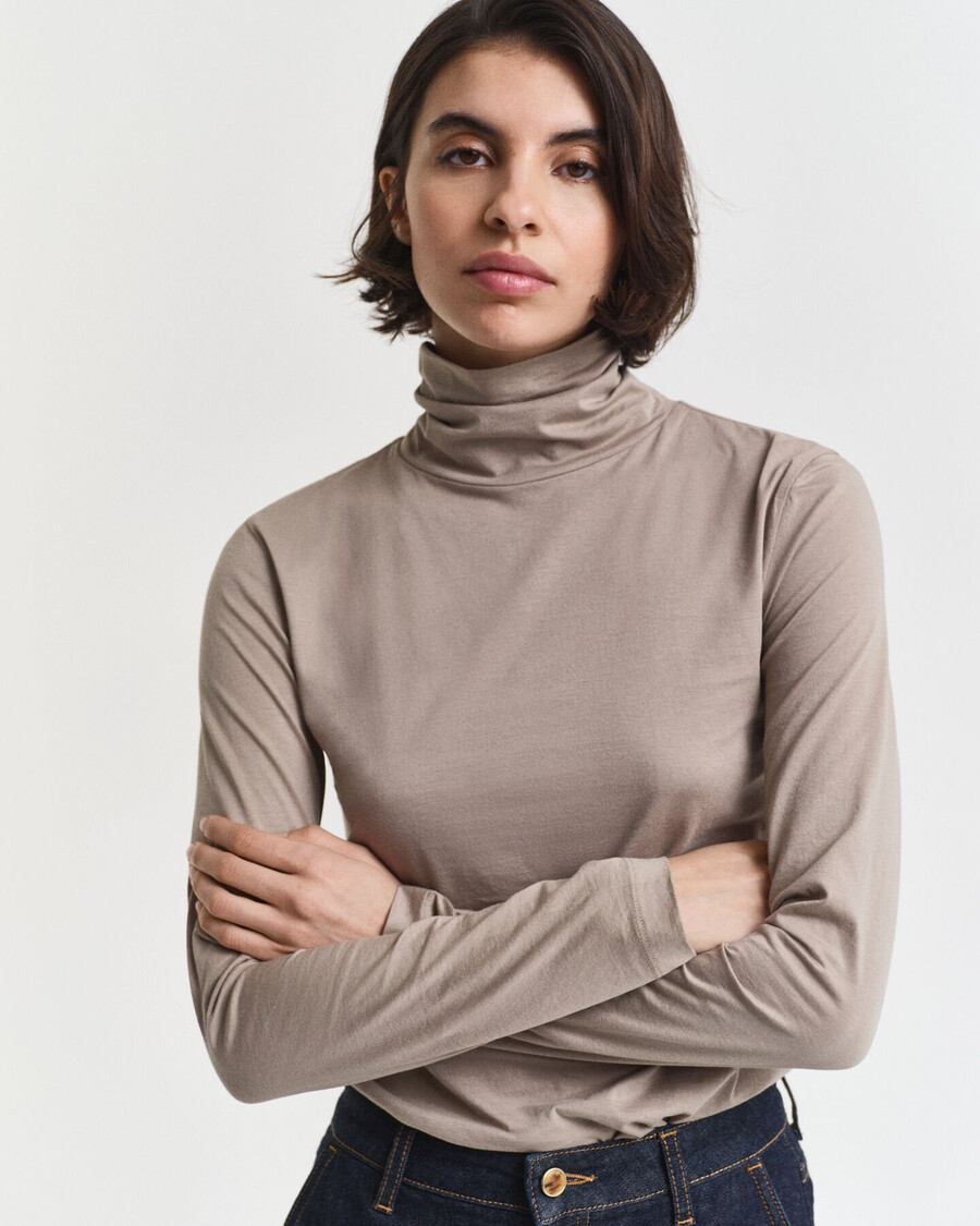 lightweight cotton turtleneck top - taupe beige