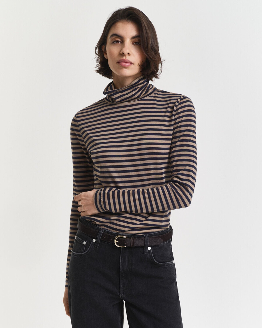 lightweight striped cotton turtleneck top - taupe beige