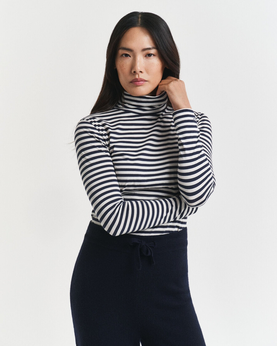 lightweight striped cotton turtleneck top - evening blue