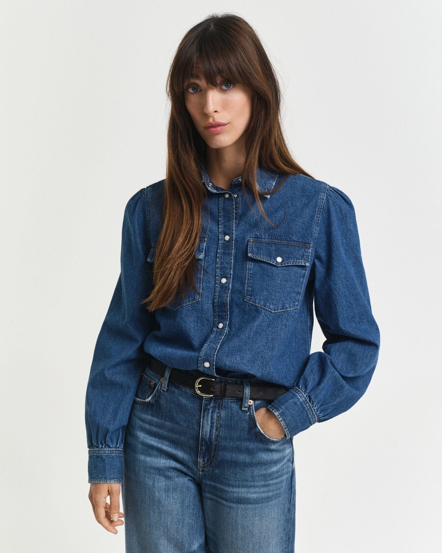 regular fit puff sleeve denim shirt - indigo