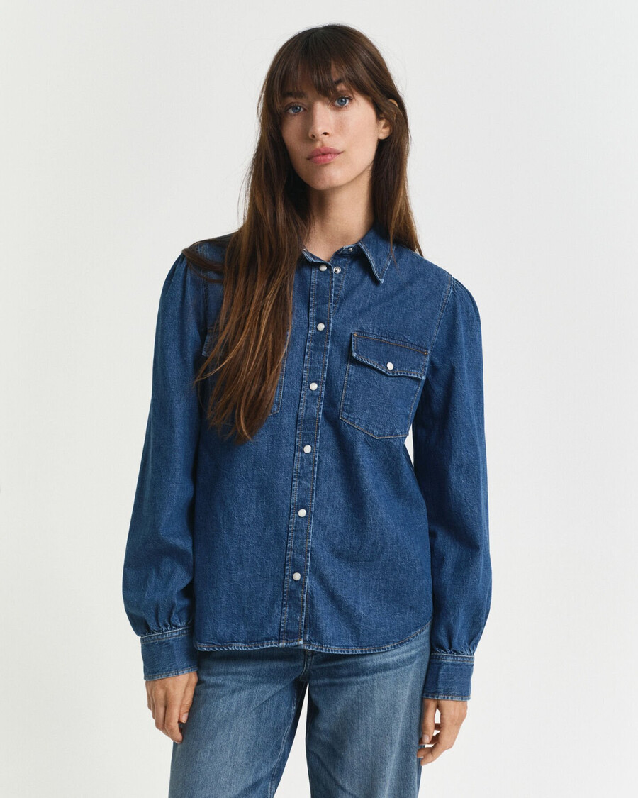 regular fit puff sleeve denim shirt - indigo