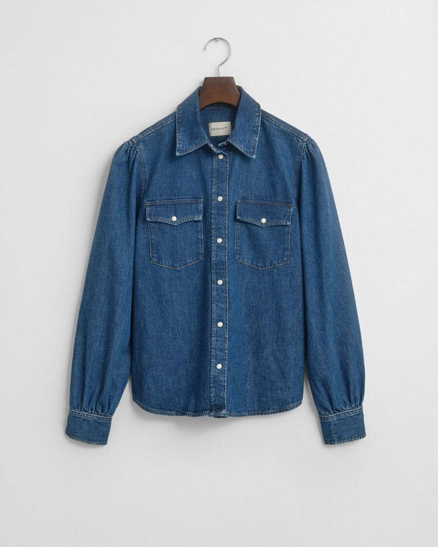 regular fit puff sleeve denim shirt - indigo
