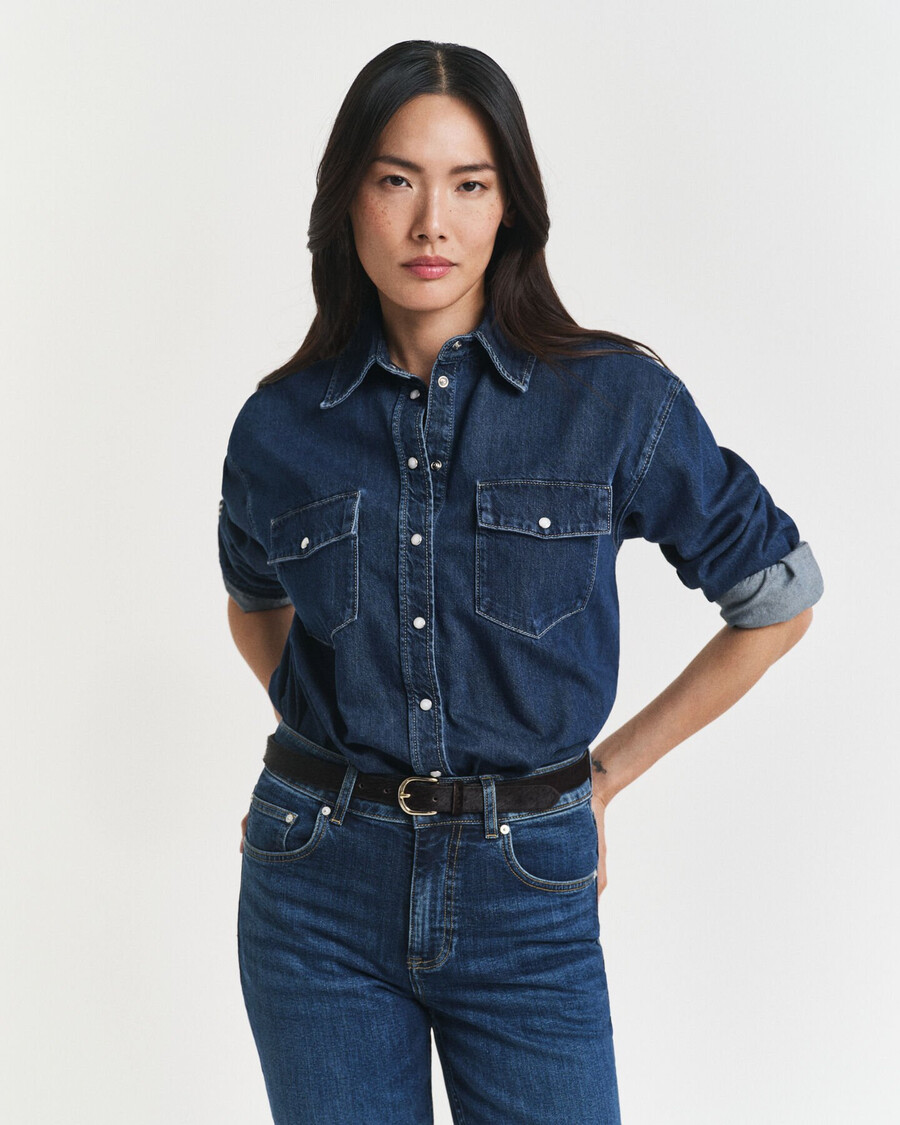relaxed fit pocket denim shirt - dark blue worn in