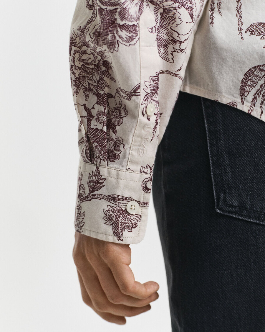 regular fit tree printed cotton voile shirt - plum wine
