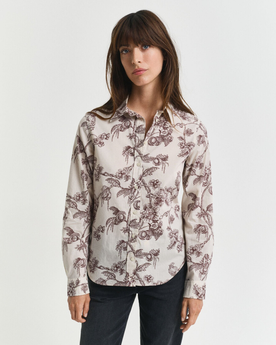 regular fit tree printed cotton voile shirt - plum wine