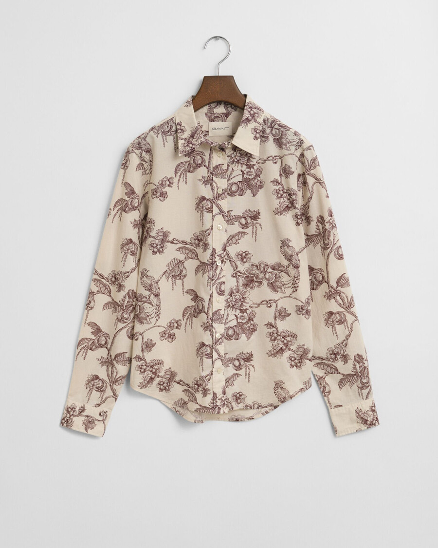 regular fit tree printed cotton voile shirt - plum wine