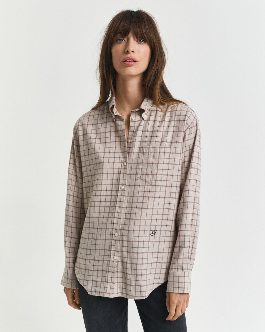 relaxed fit checked brushed flannel shirt - plum wine