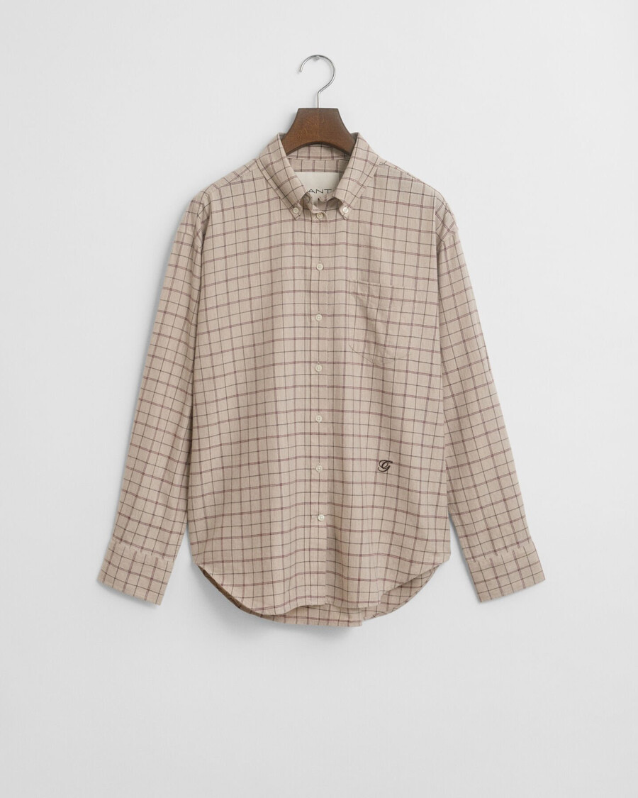 relaxed fit checked brushed flannel shirt - plum wine