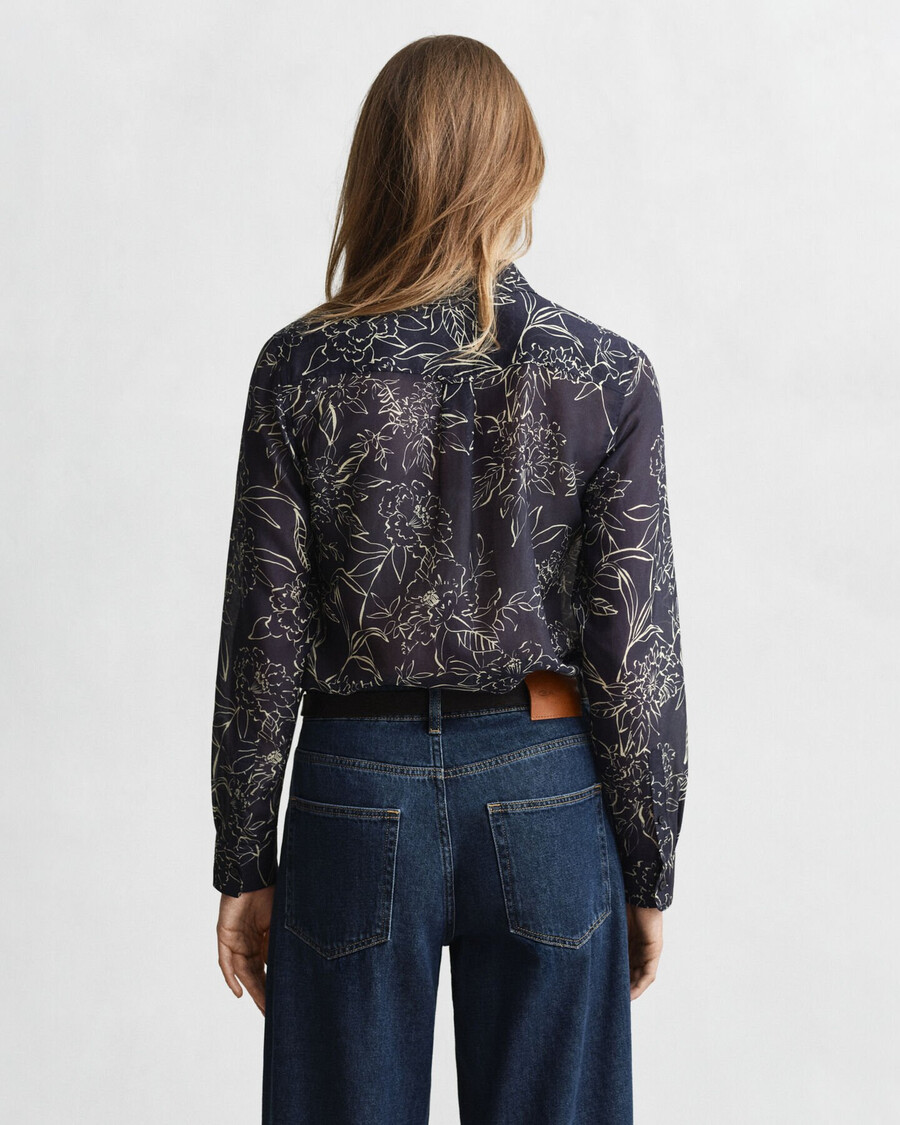 regular fit floral print cotton silk shirt - evening blue
