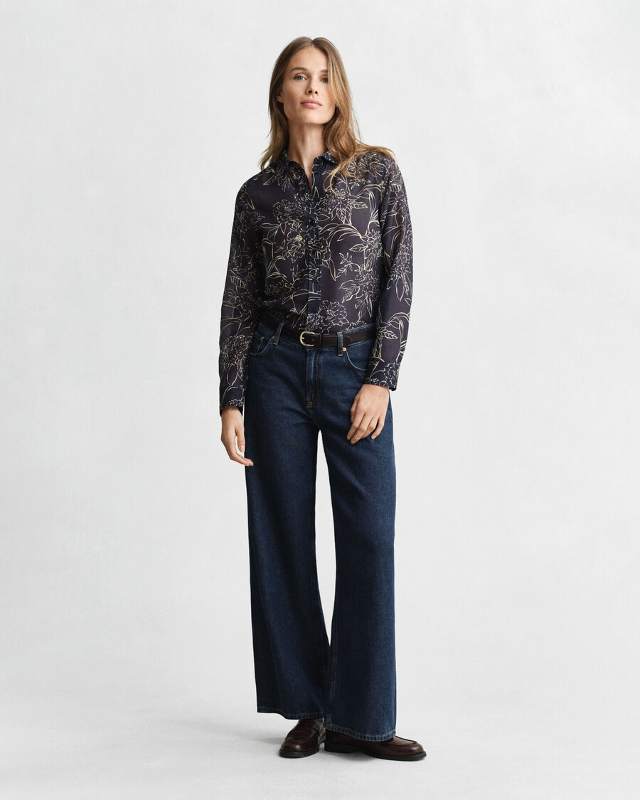 regular fit floral print cotton silk shirt - evening blue