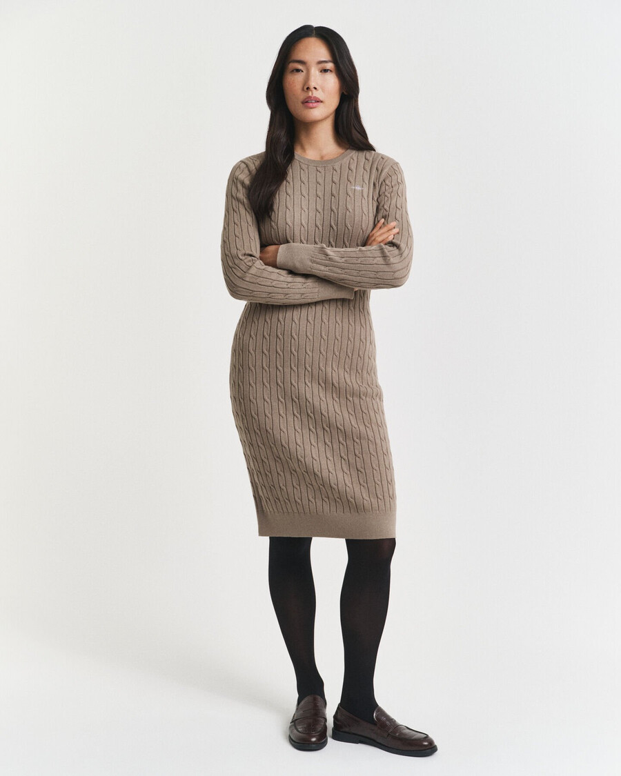 stretch cotton cable knit crew neck dress - taupe beige