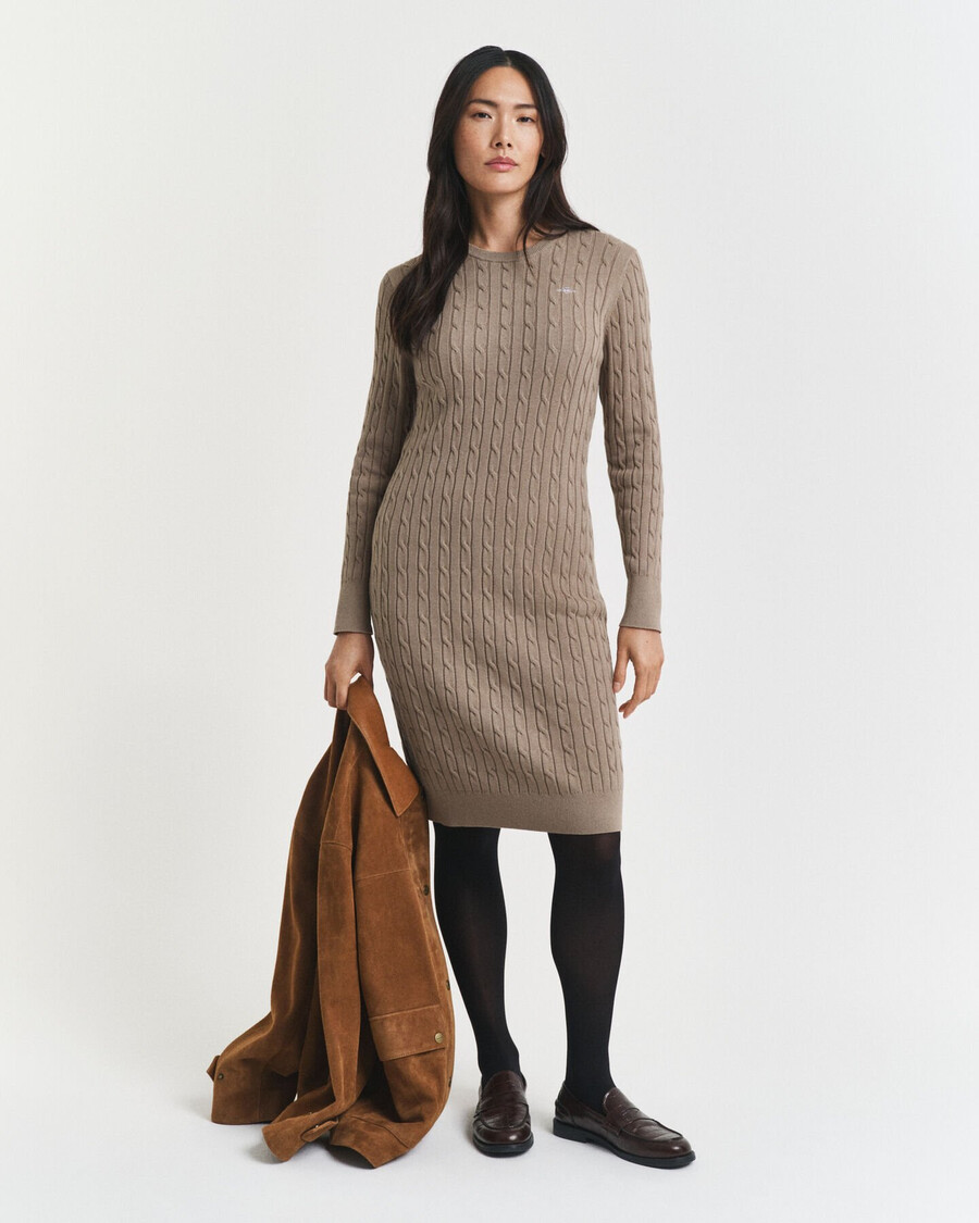 stretch cotton cable knit crew neck dress - taupe beige
