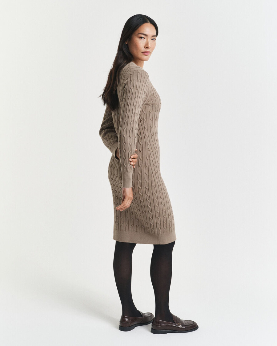stretch cotton cable knit crew neck dress - taupe beige