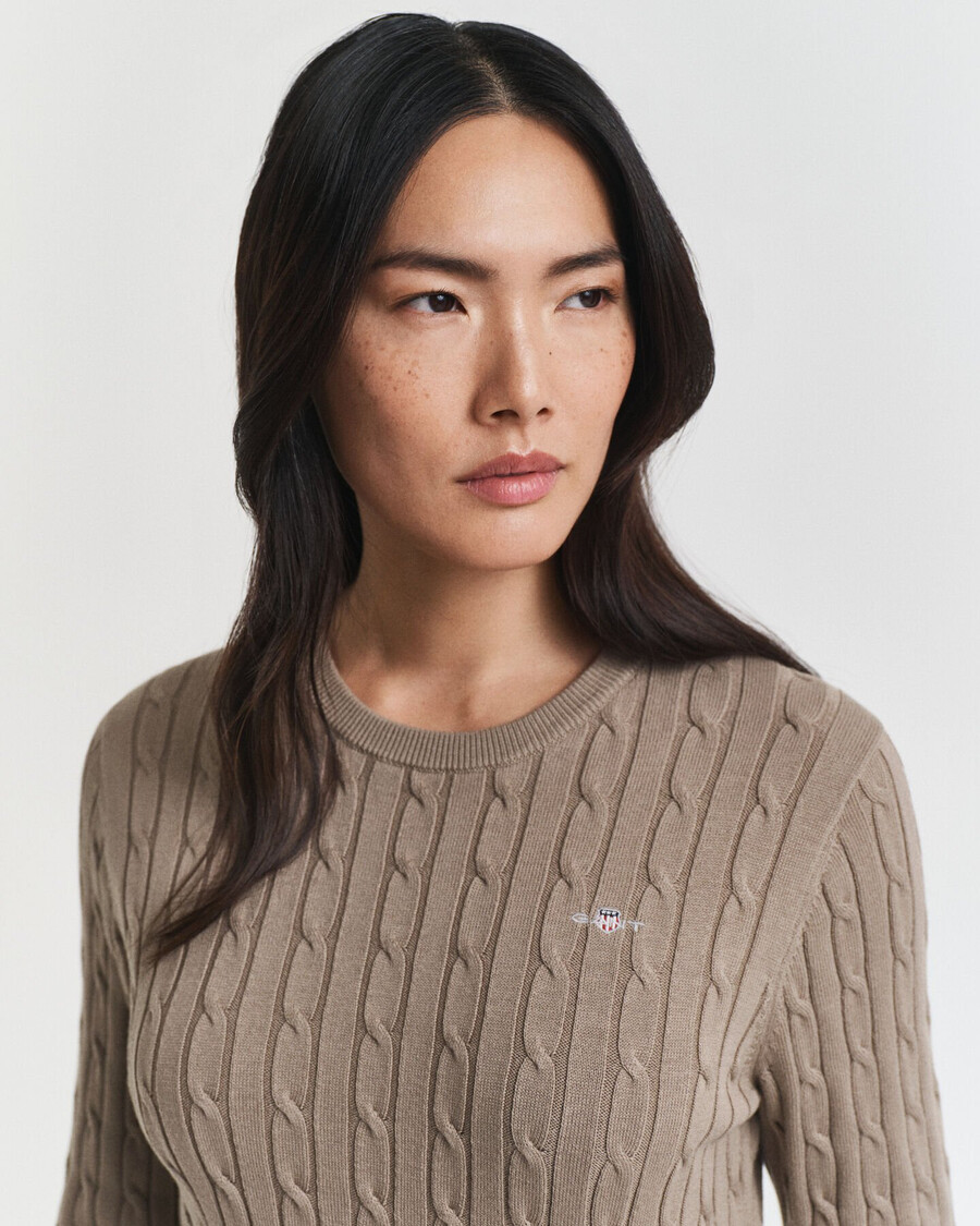 stretch cotton cable knit crew neck dress - taupe beige