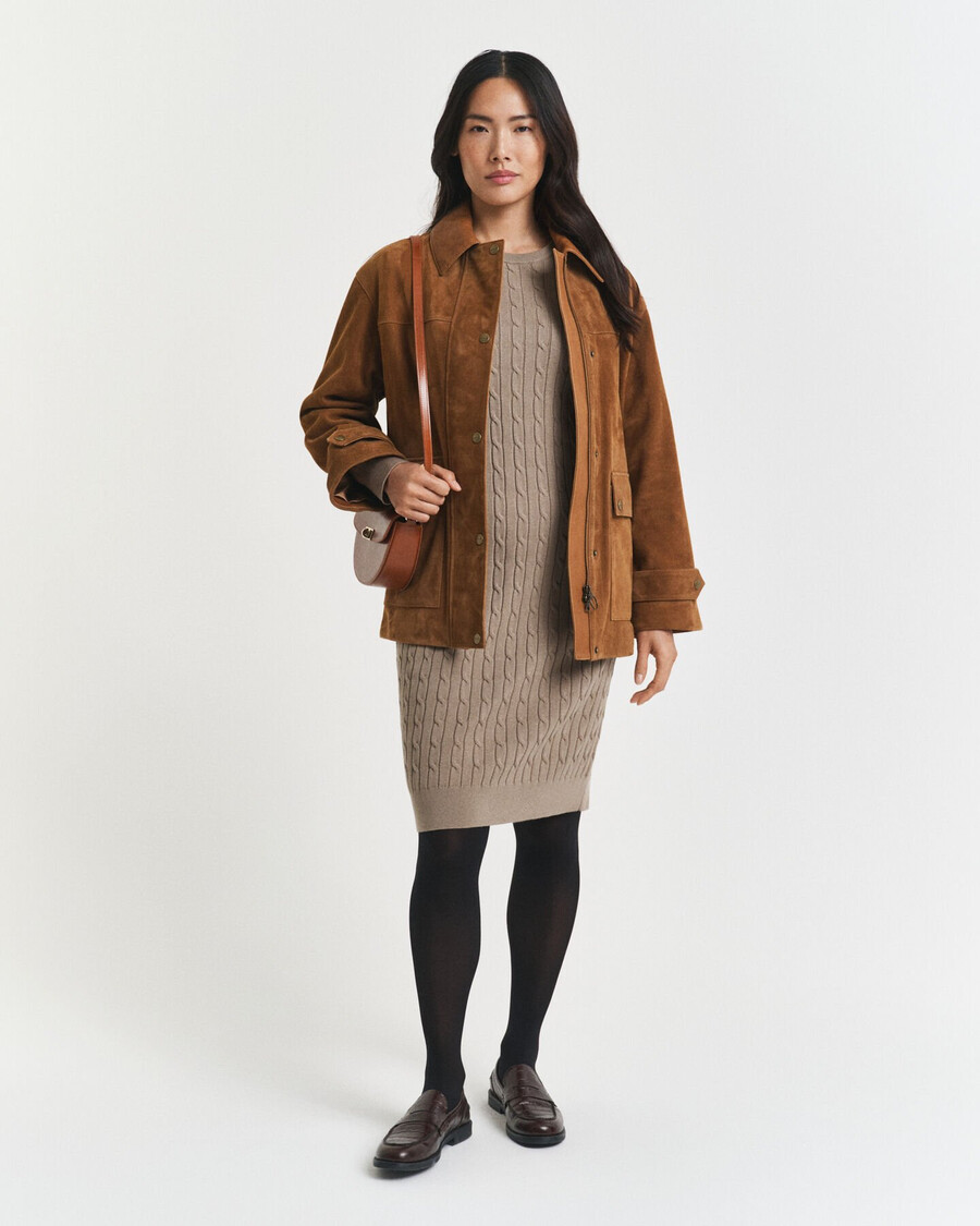 stretch cotton cable knit crew neck dress - taupe beige