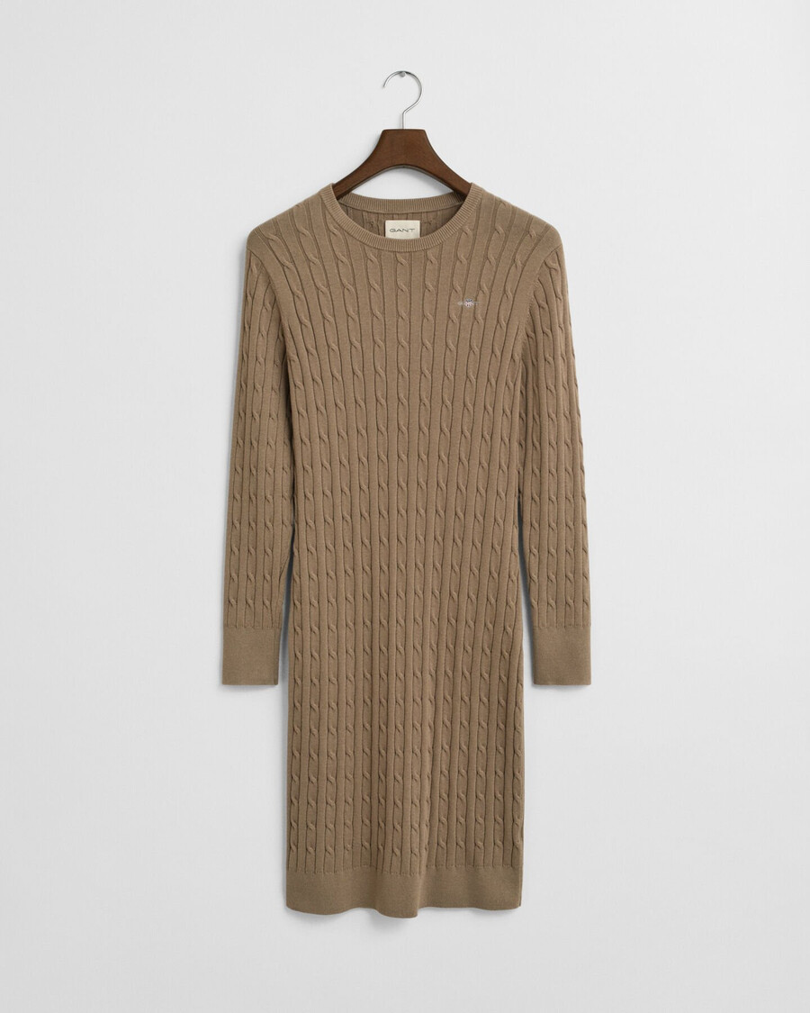 stretch cotton cable knit crew neck dress - taupe beige