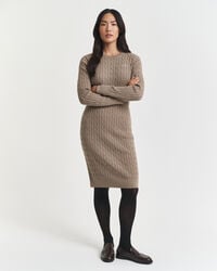 stretch cotton cable knit crew neck dress - taupe beige
