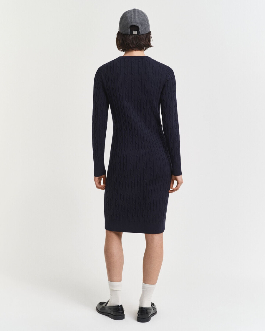 stretch cotton cable knit crew neck dress - evening blue