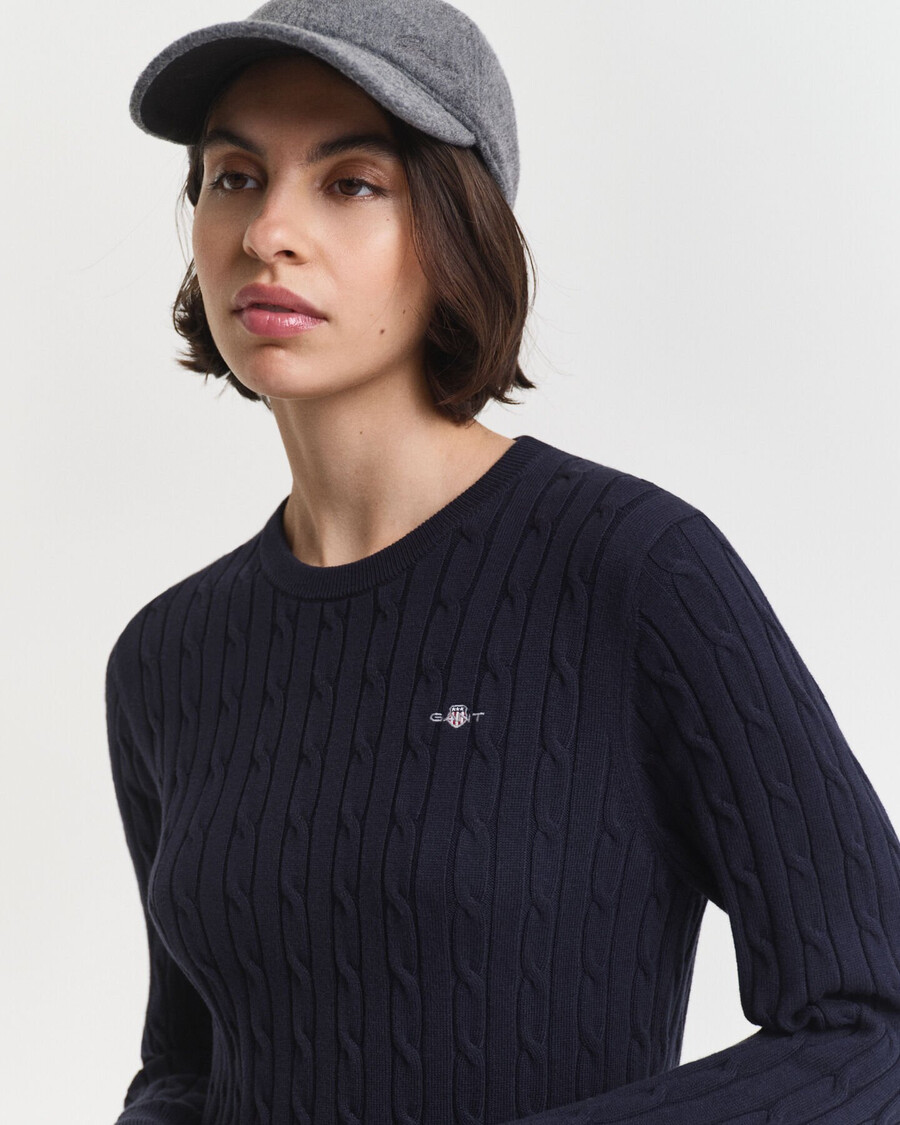 stretch cotton cable knit crew neck dress - evening blue